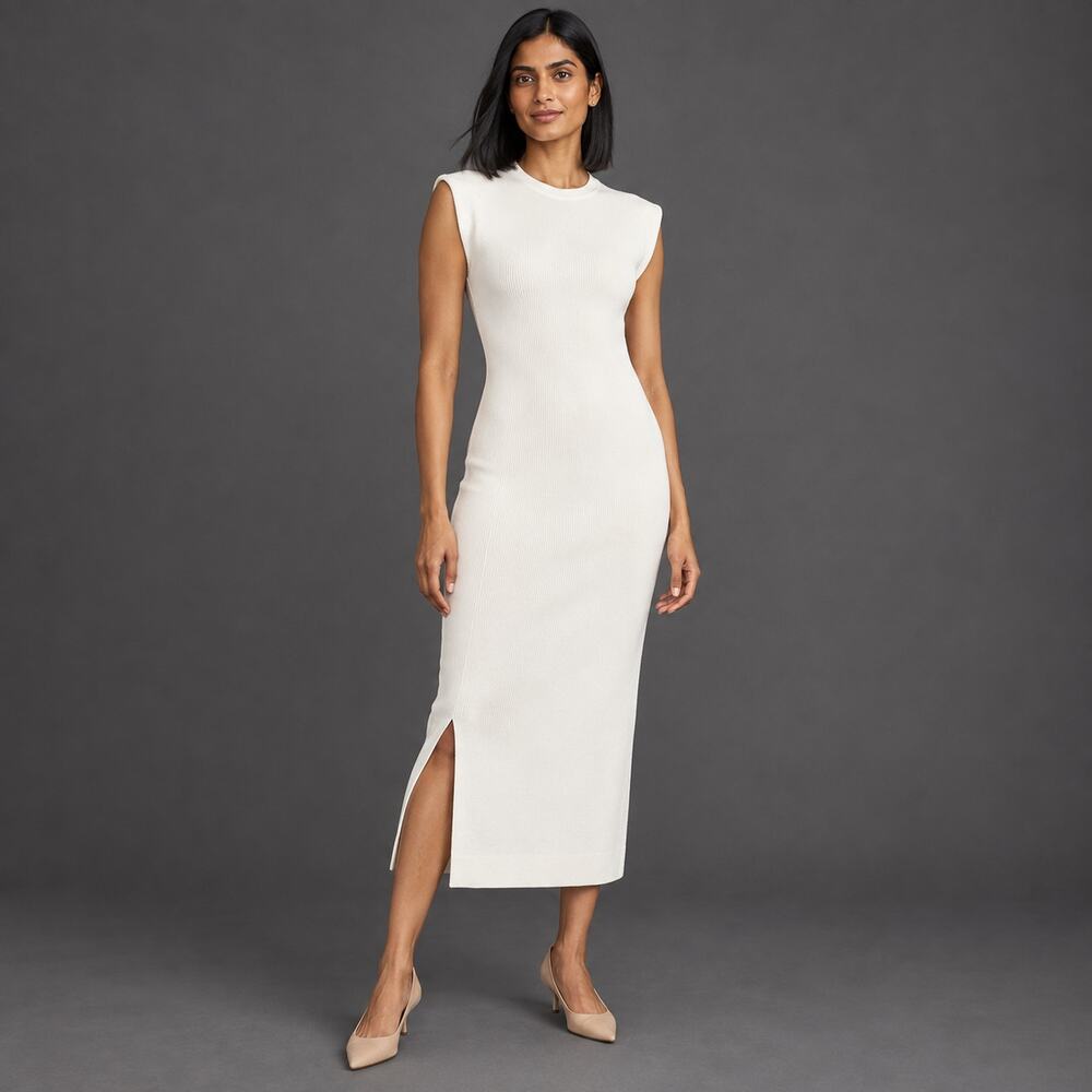 J.Crew Dress WMNS L White Rib Knit Sleeveless Fitted Midi Side Slit Minimalist